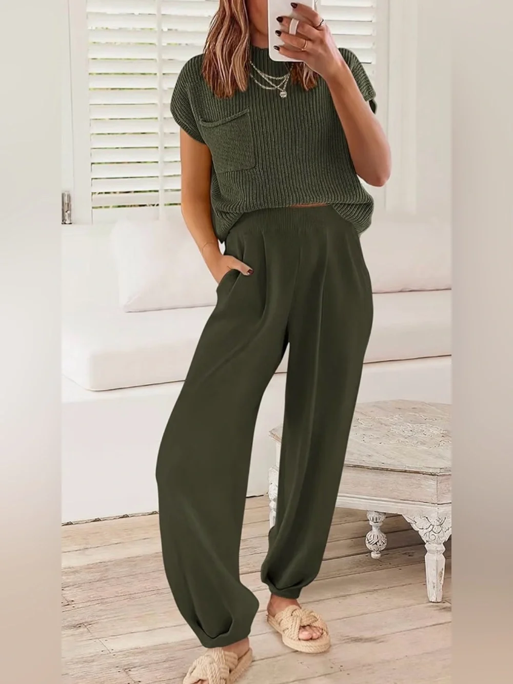 Pretty garden  Olive Knit Sleeveless Top & Jogger Set